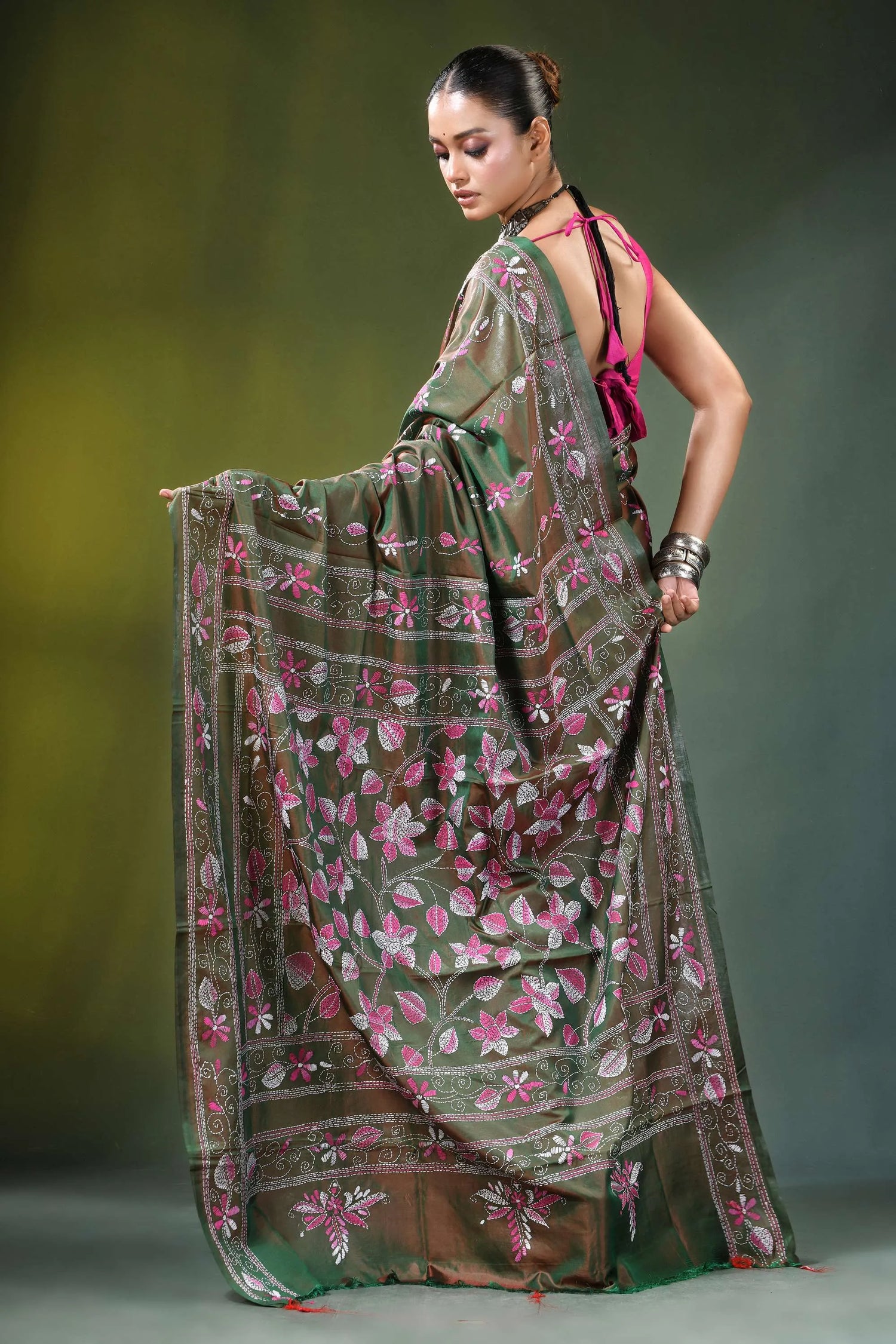 Olive green floral motif handcrafted silk kantha saree woman wears 5