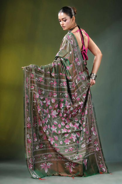 Olive green floral motif handcrafted silk kantha saree woman wears 5