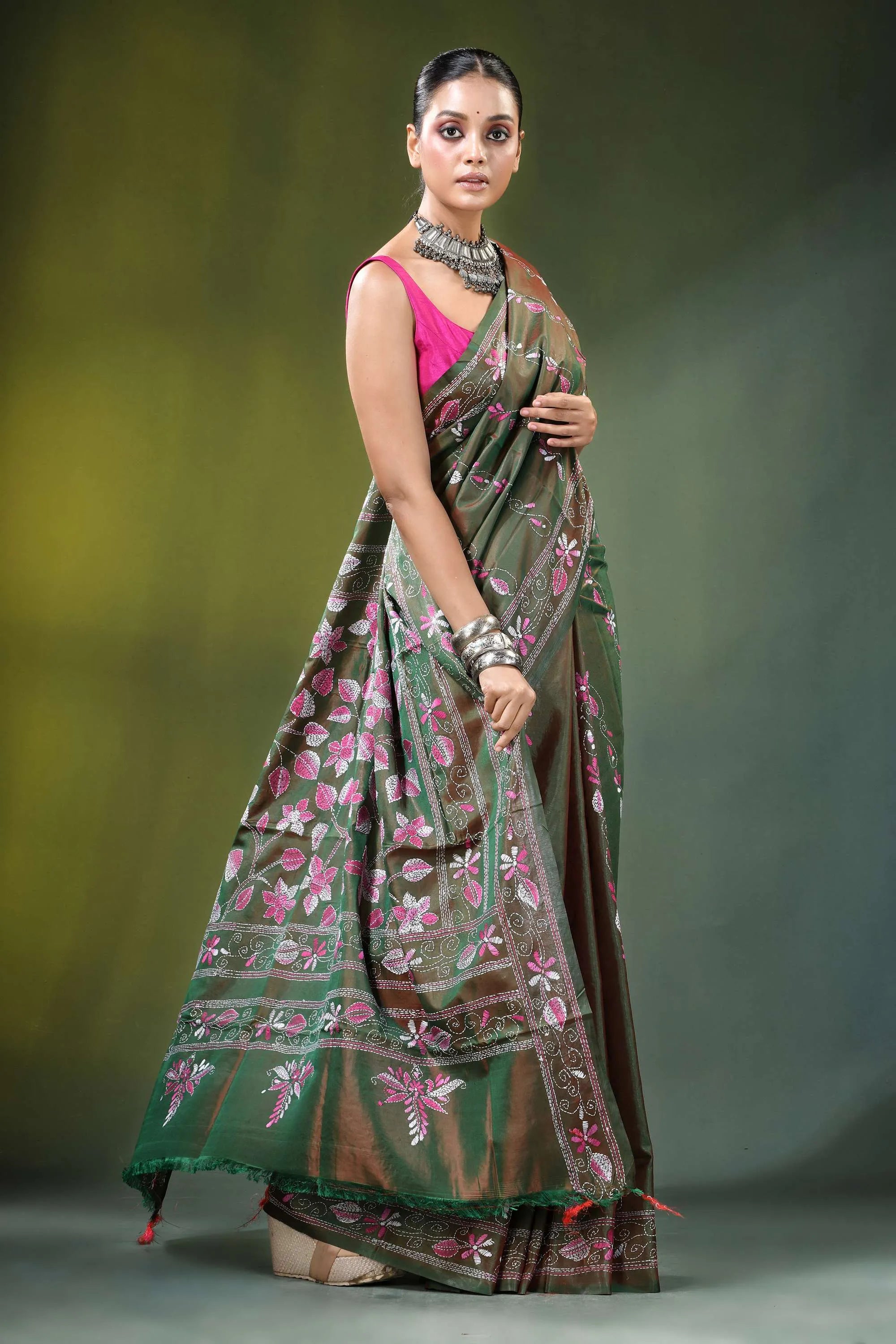 Olive green floral motif handcrafted silk kantha saree pink 4