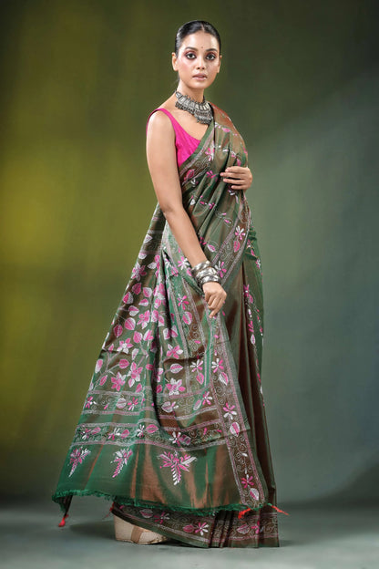 Olive green floral motif handcrafted silk kantha saree pink 4
