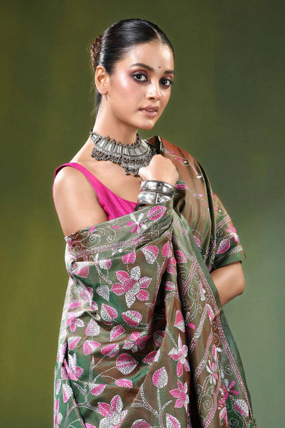 Olive green floral motif handcrafted silk kantha saree woman wears brown 2
