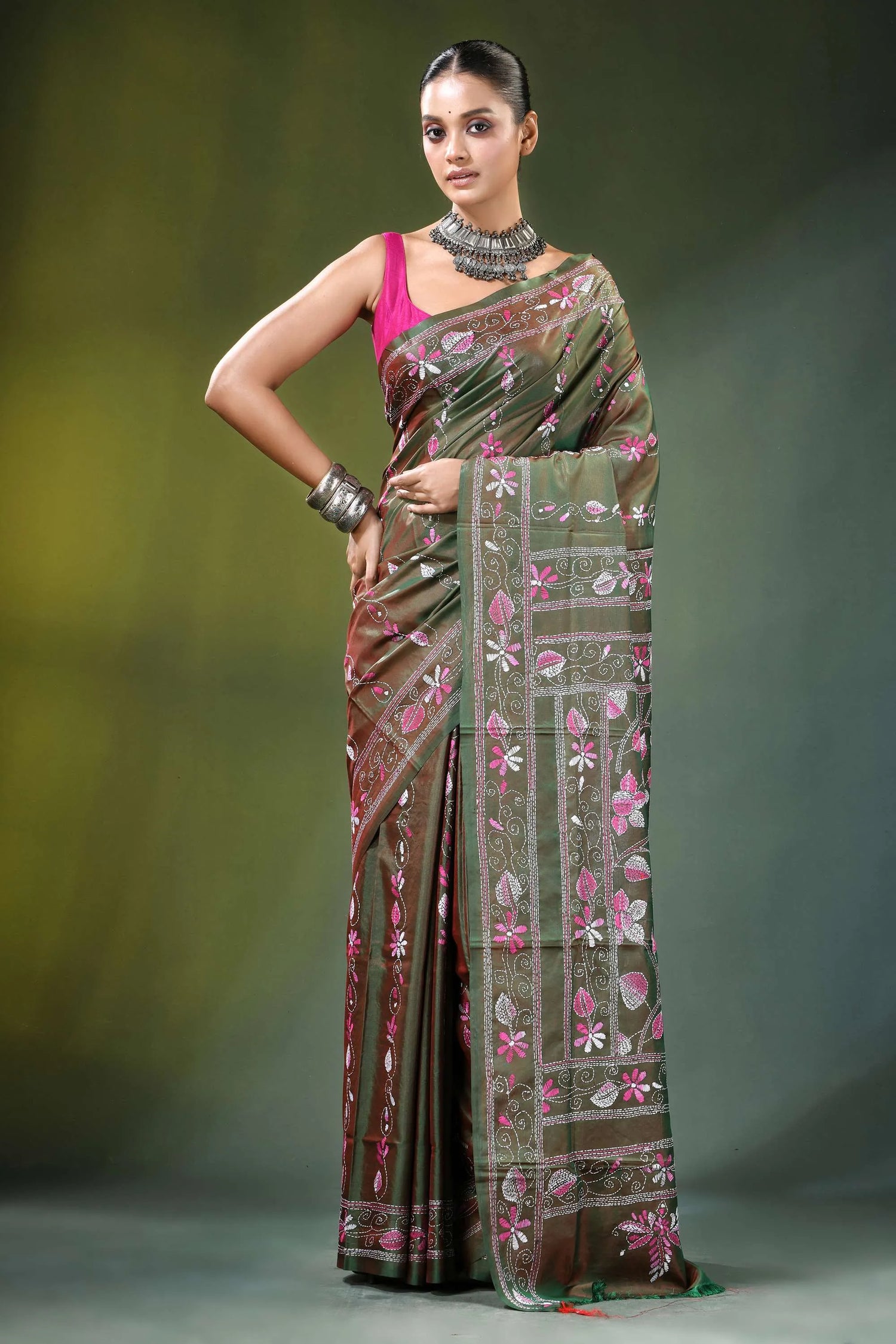 Olive green floral motif handcrafted silk kantha saree intricate 1