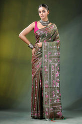 Olive green floral motif handcrafted silk kantha saree intricate 1