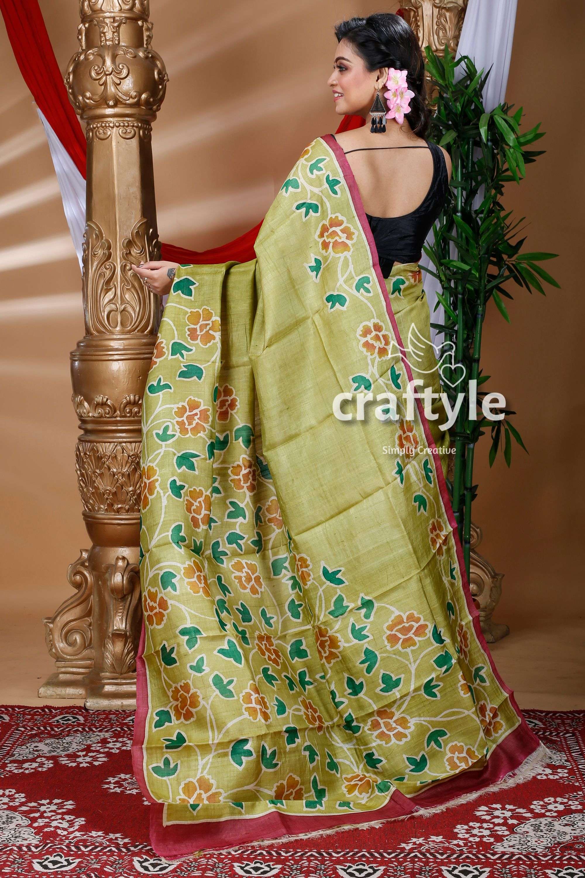 Olive Green Hand Painted Pure Tussar Silk Saree - Craftyle