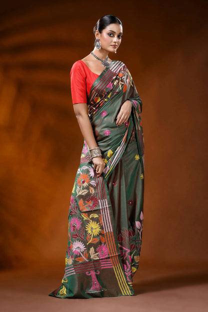 Olive green handcrafted silk kantha saree with multicolor floral motif 3