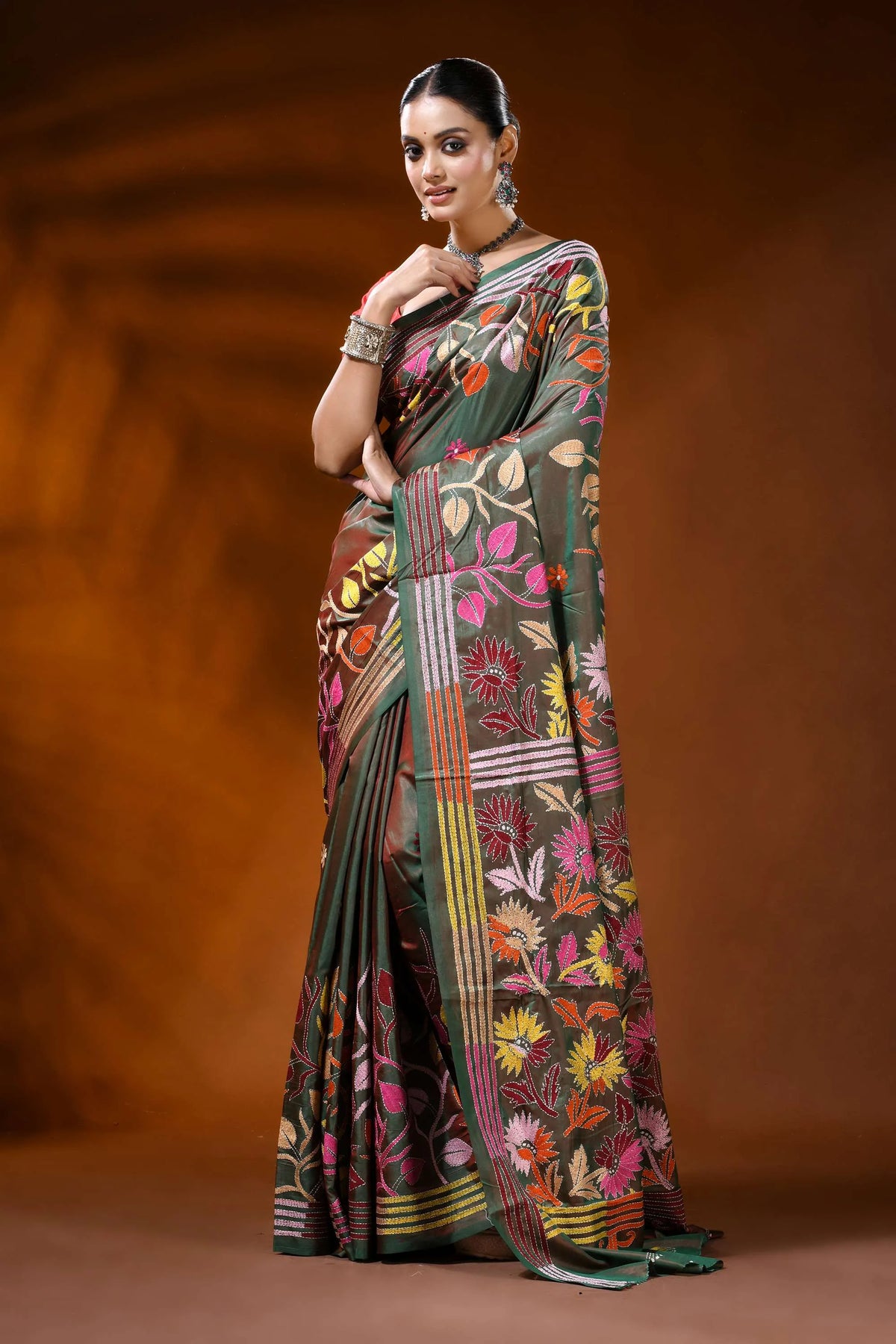 Olive green handcrafted silk kantha saree with multicolor floral motif 1