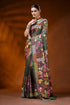 Olive green handcrafted silk kantha saree with multicolor floral motif 1