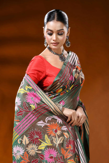 Olive green handcrafted silk kantha saree with multicolor floral motif 2