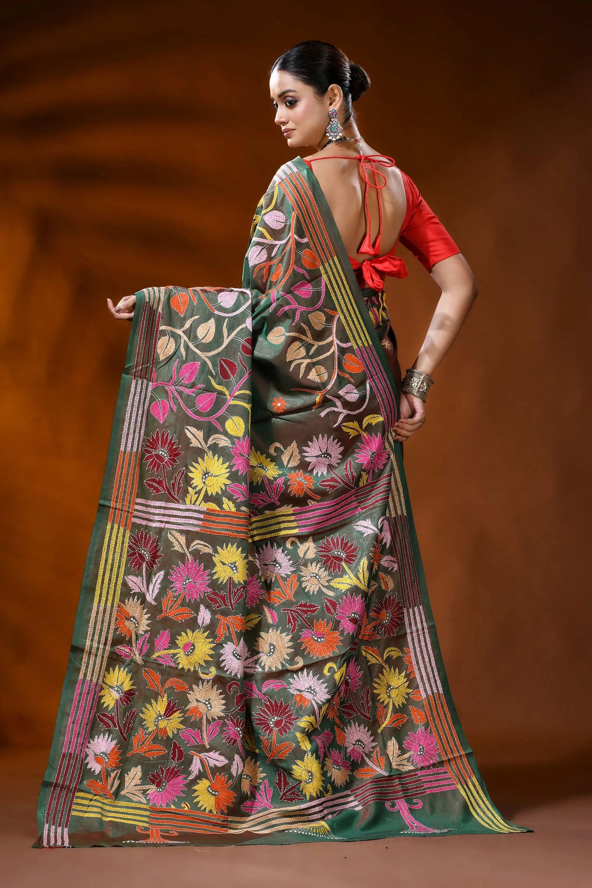 Olive green handcrafted silk kantha saree with multicolor floral motif 5
