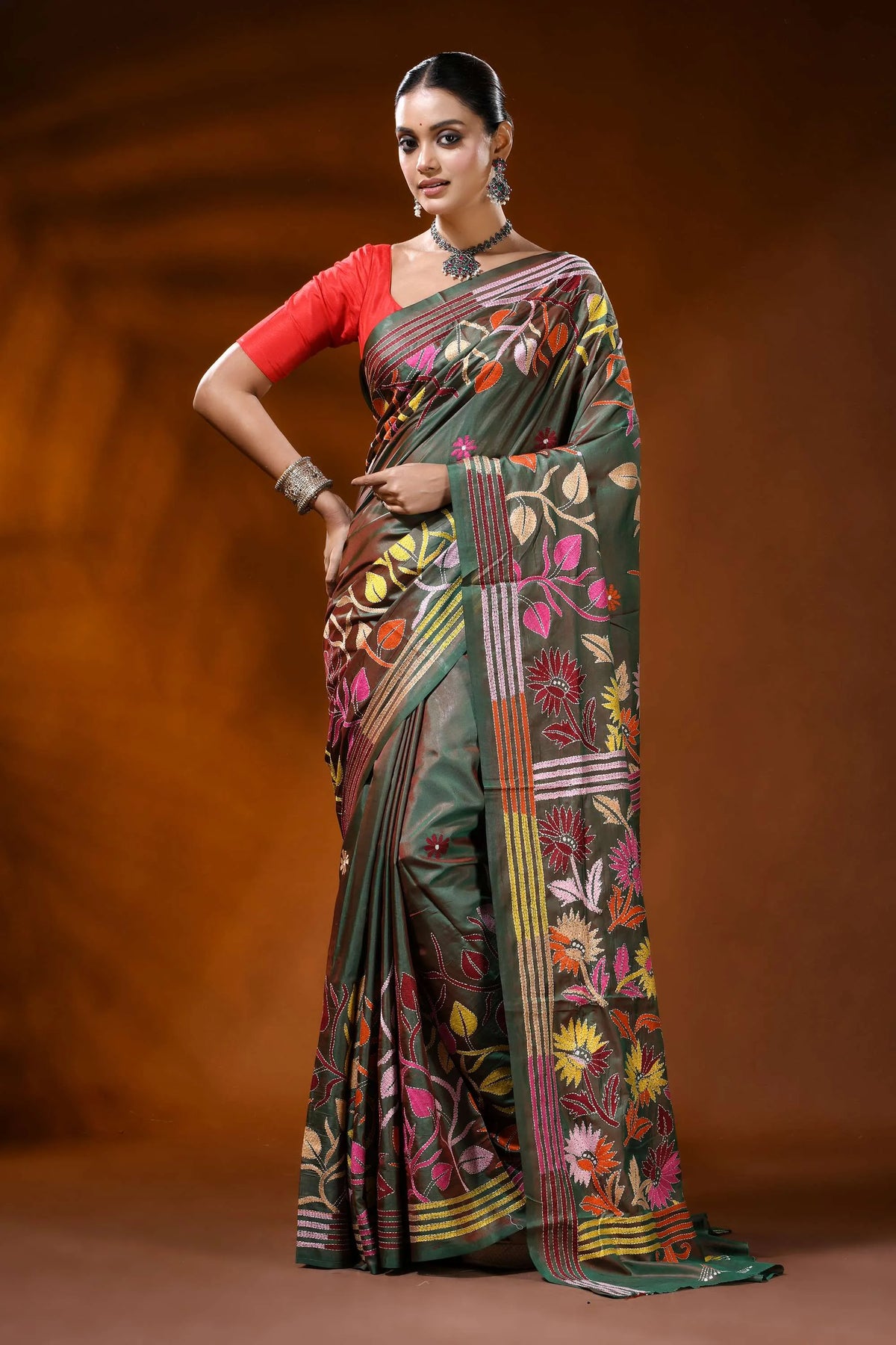 Olive green handcrafted silk kantha saree with multicolor floral motif 6