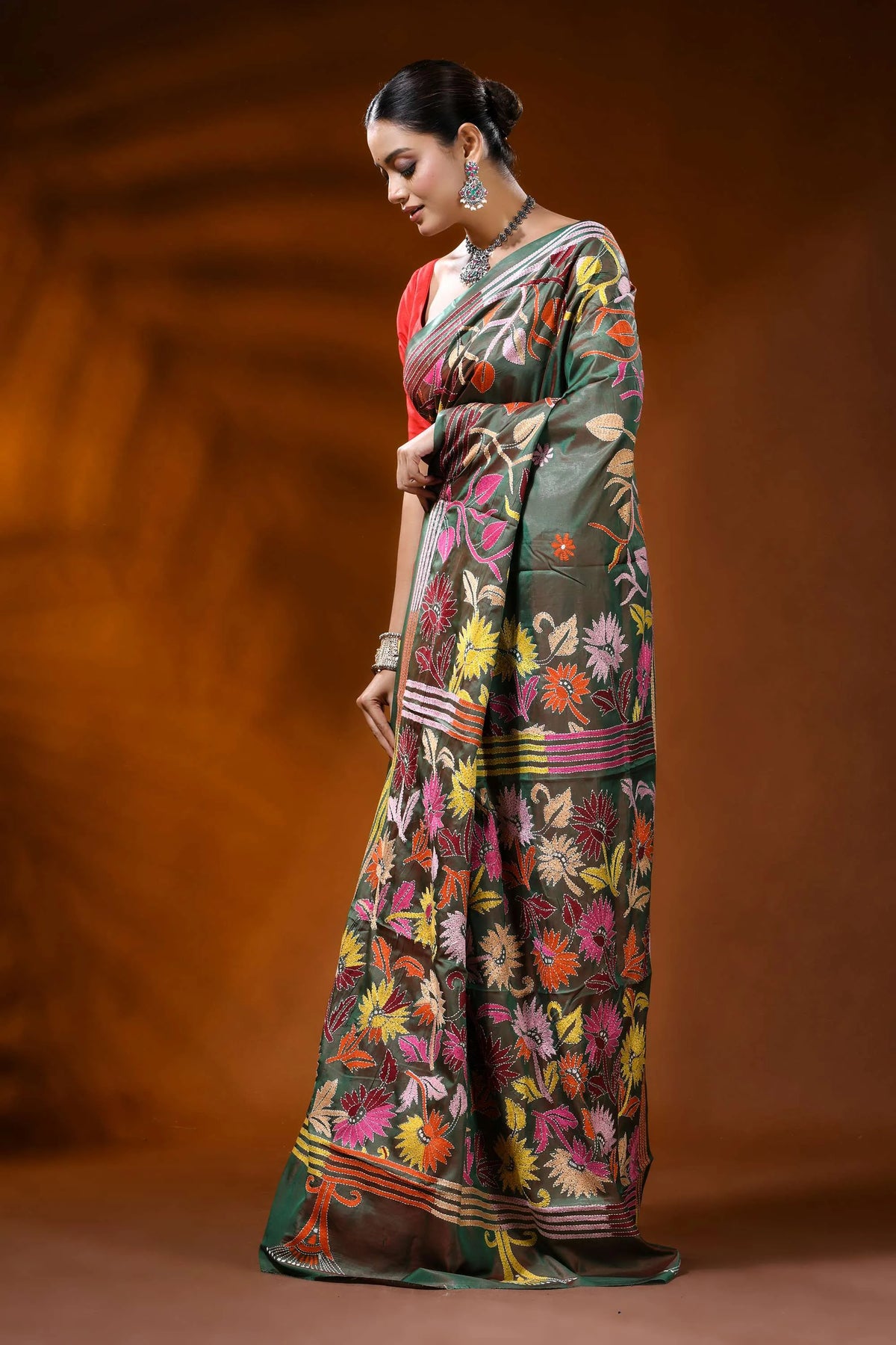 Olive green handcrafted silk kantha saree with multicolor floral motif 4