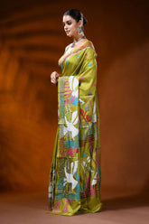 Olive green handmade silk kantha saree with heron and lotus motif 3