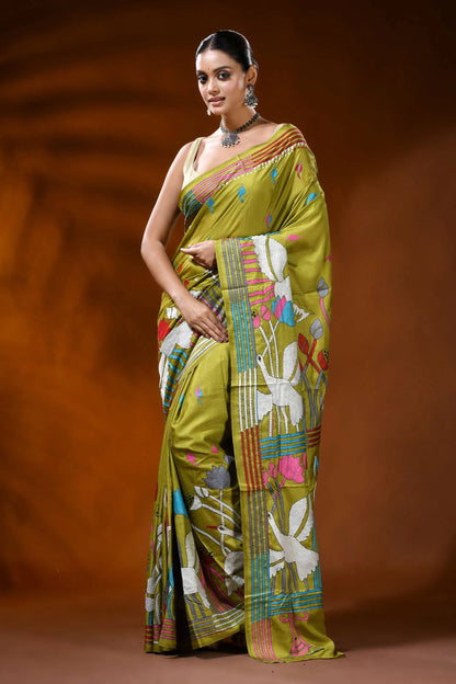 Olive green handmade silk kantha saree with heron and lotus motif 6