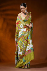 Olive green handmade silk kantha saree with heron and lotus motif 4