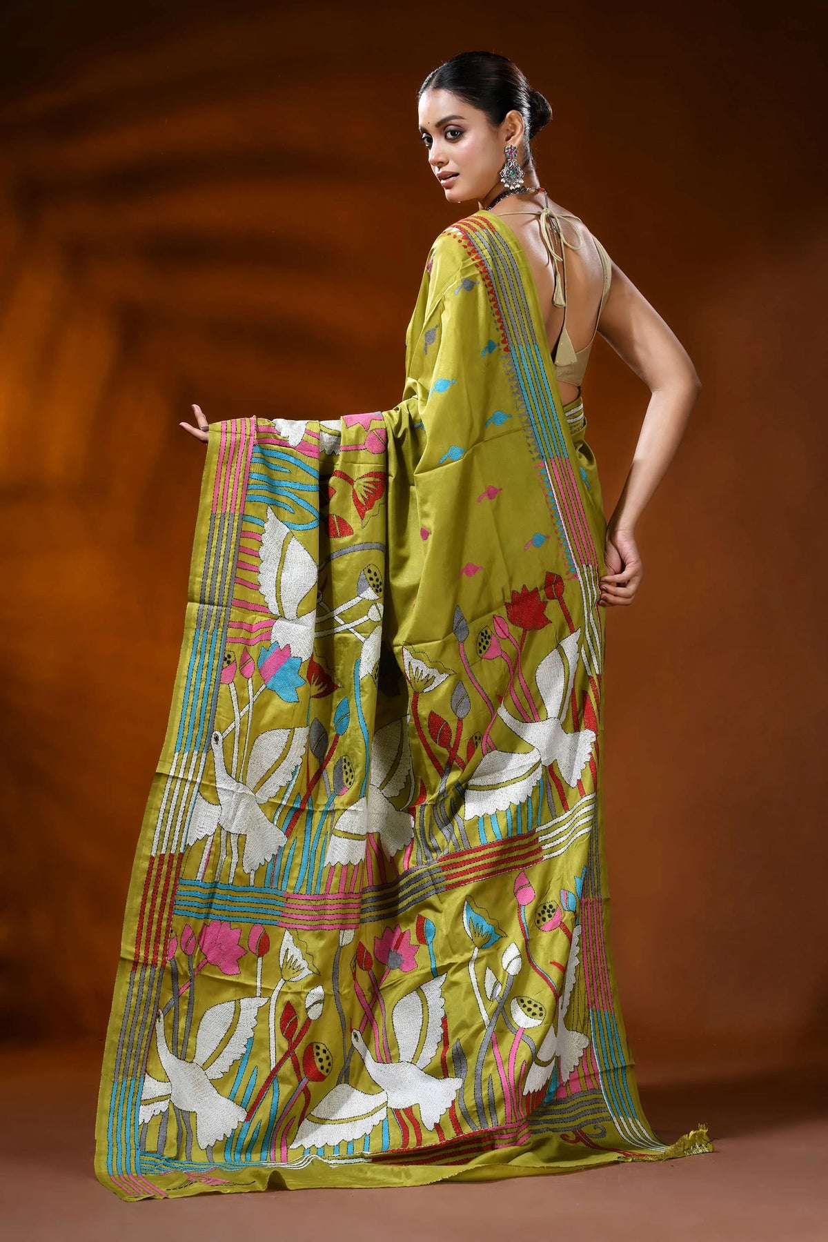 Olive green handmade silk kantha saree with heron and lotus motif 5