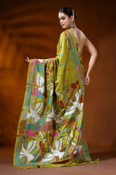 Olive green handmade silk kantha saree with heron and lotus motif 5