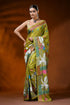 Olive green handmade silk kantha saree with heron and lotus motif 1
