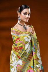 Olive green handmade silk kantha saree with heron and lotus motif 2