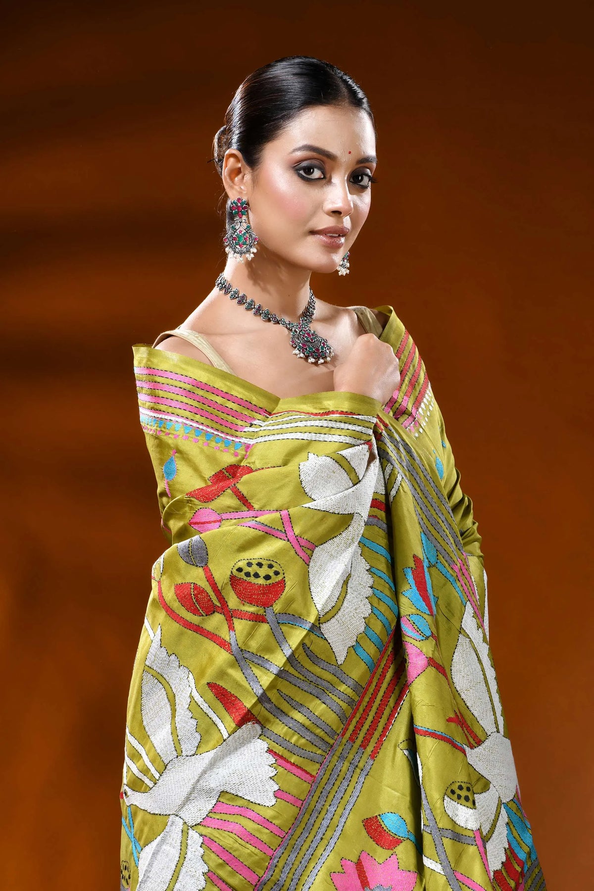 Olive green handmade silk kantha saree with heron and lotus motif 2