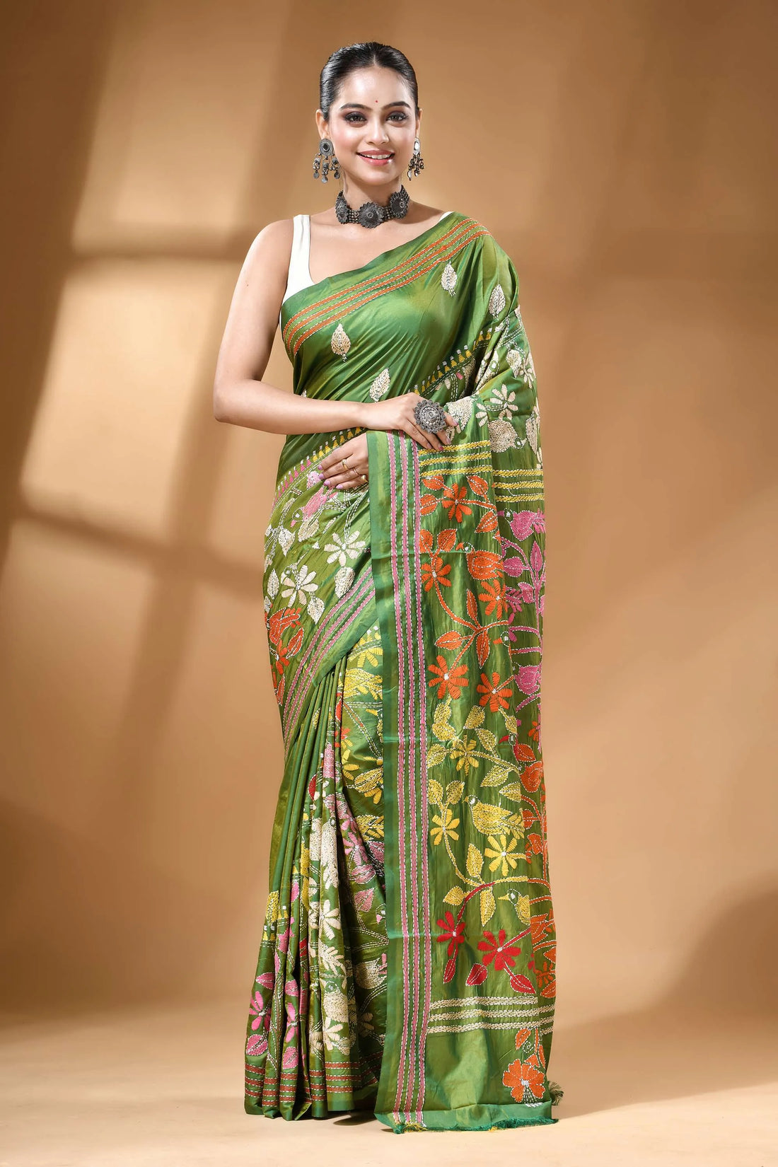 Olive green multicolor bird design floral kantha silk saree vibrant green silk saree adorned 1
