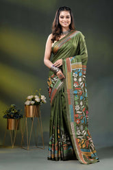 Olive green multicolor floral silk kantha stitch saree with hand batik 1