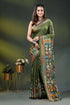 Olive green multicolor floral silk kantha stitch saree with hand batik 1