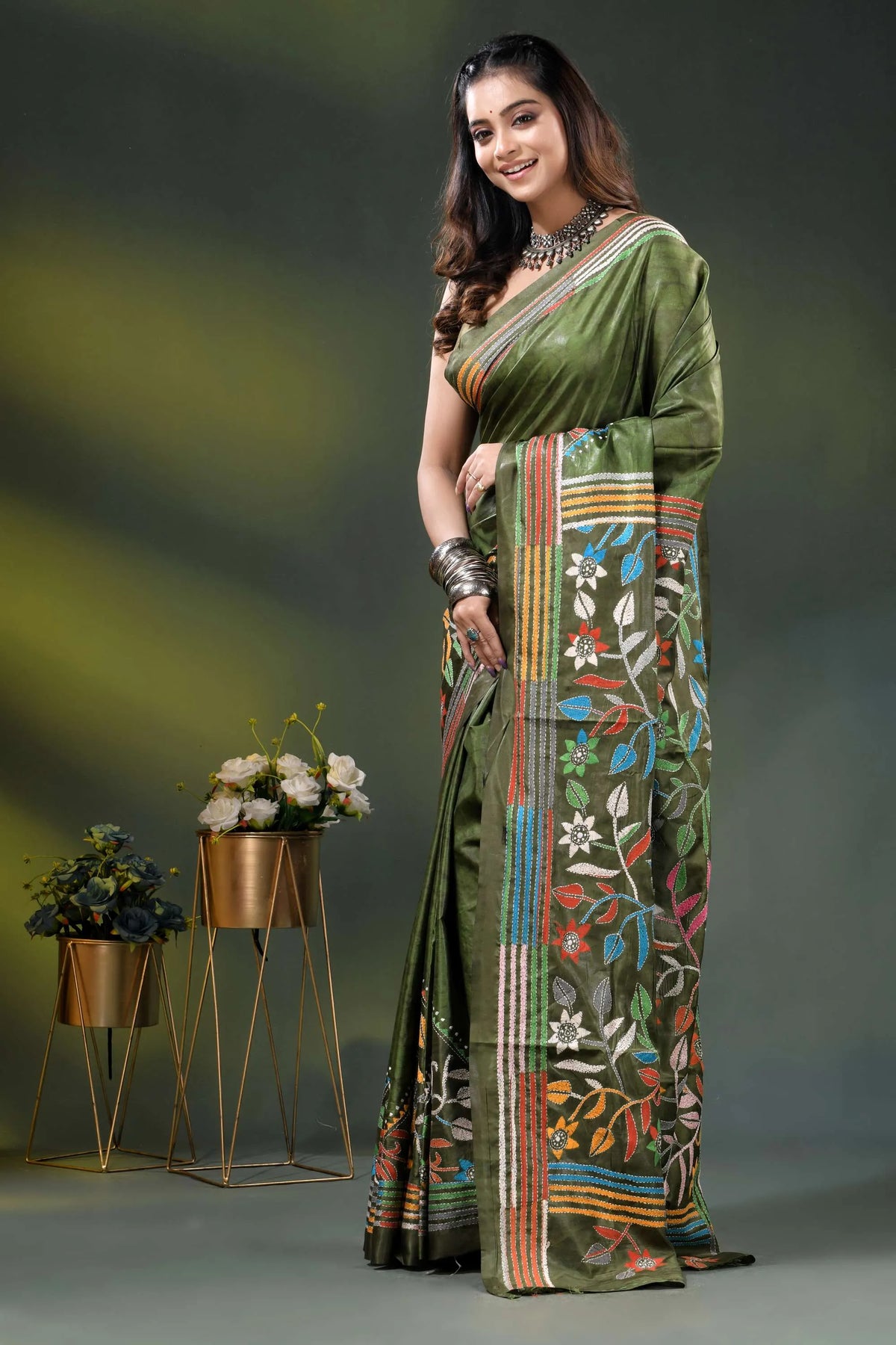 Olive green multicolor floral silk kantha stitch saree with hand batik 3