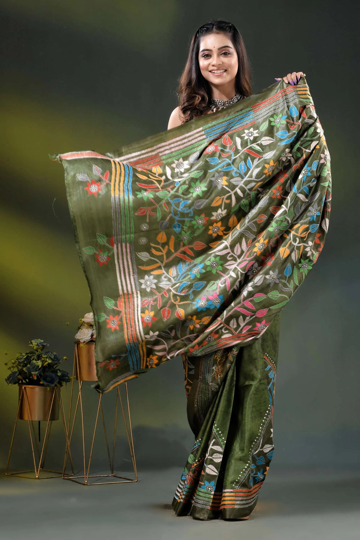 Olive green multicolor floral silk kantha stitch saree with hand batik 4