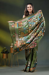 Olive green multicolor floral silk kantha stitch saree with hand batik 4