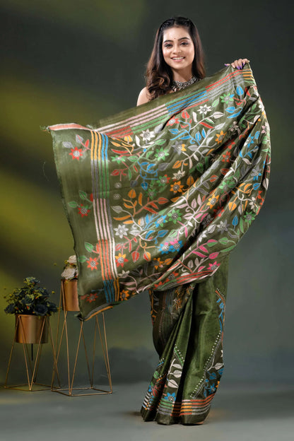Olive green multicolor floral silk kantha stitch saree with hand batik 4