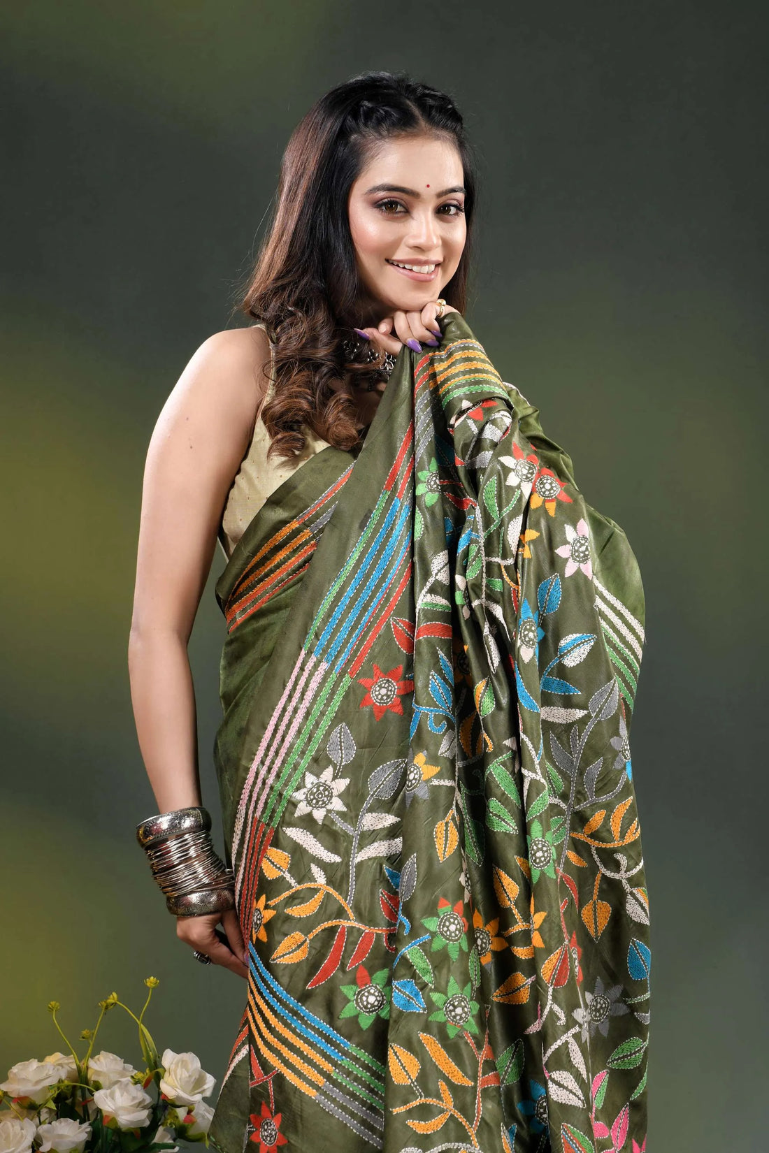 Olive green multicolor floral silk kantha stitch saree with hand batik 2