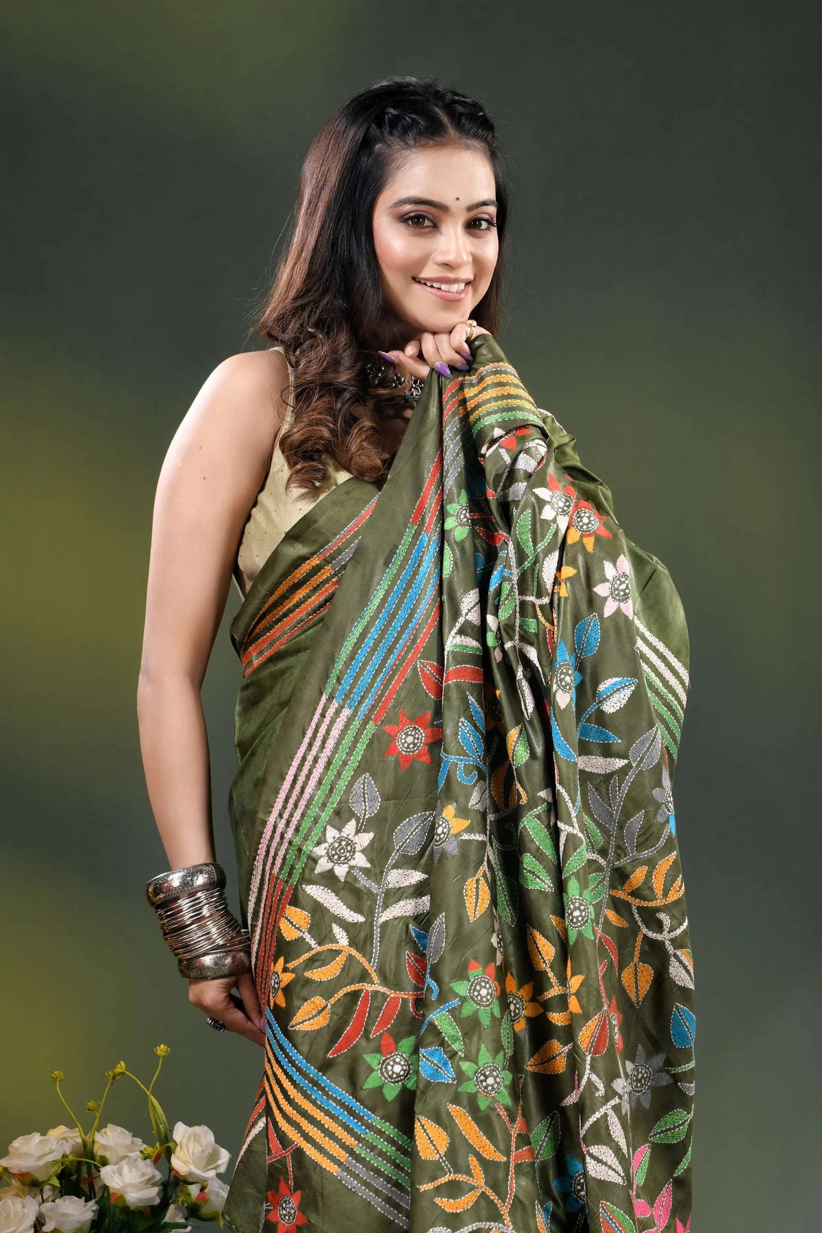 Olive green multicolor floral silk kantha stitch saree with hand batik 2