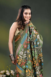 Olive green multicolor floral silk kantha stitch saree with hand batik 2