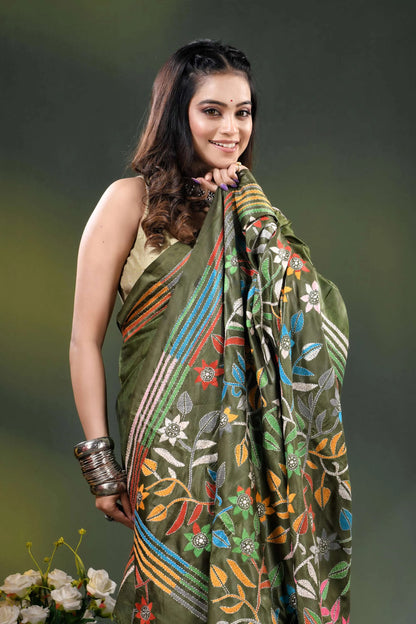 Olive green multicolor floral silk kantha stitch saree with hand batik 2