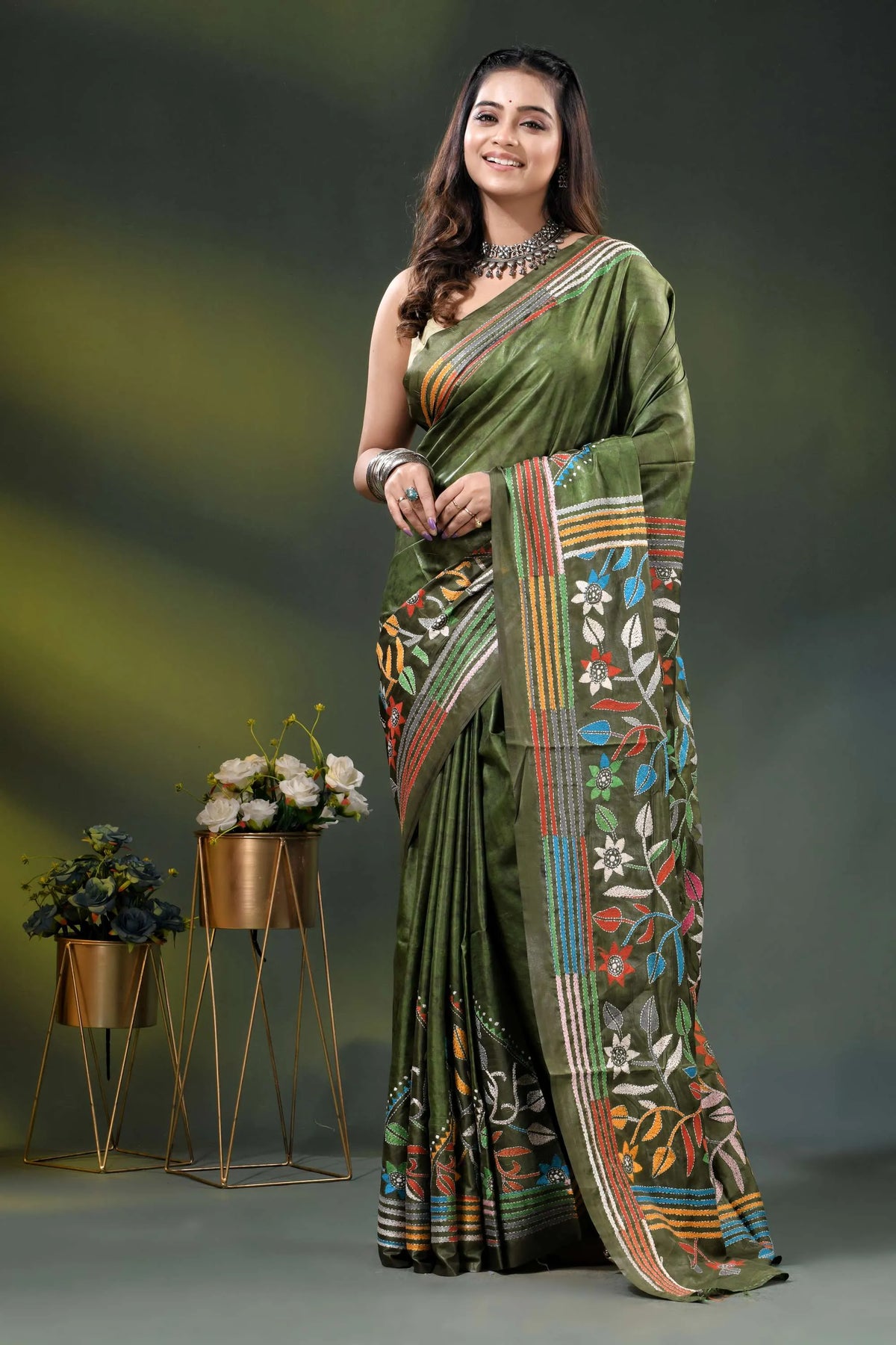 Olive green multicolor floral silk kantha stitch saree with hand batik 6