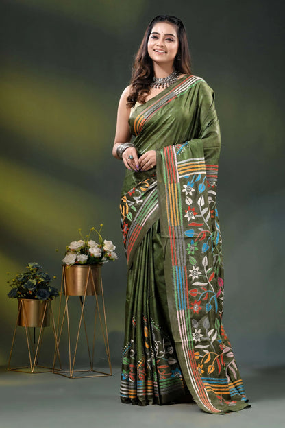 Olive green multicolor floral silk kantha stitch saree with hand batik 6