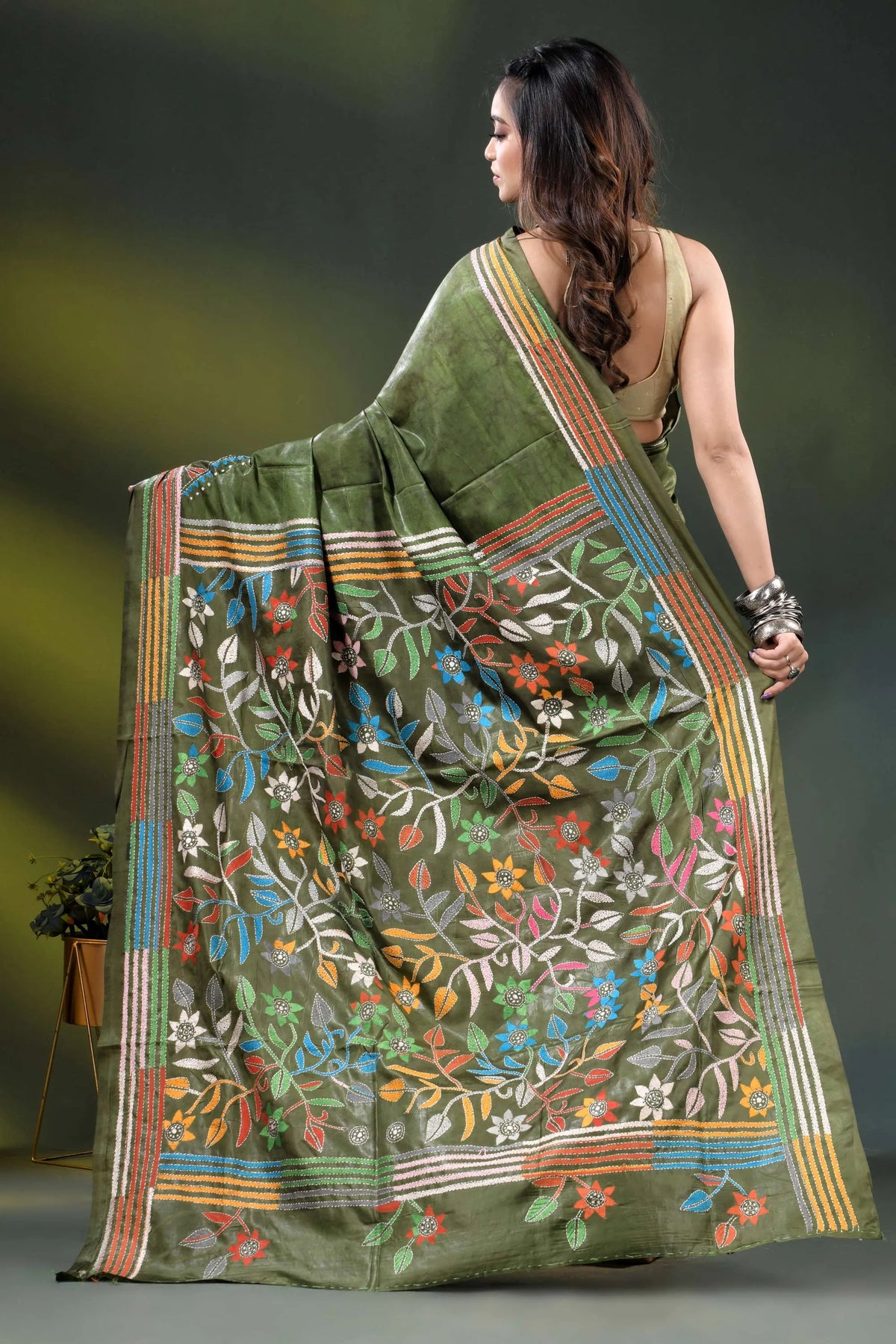 Olive green multicolor floral silk kantha stitch saree with hand batik 5