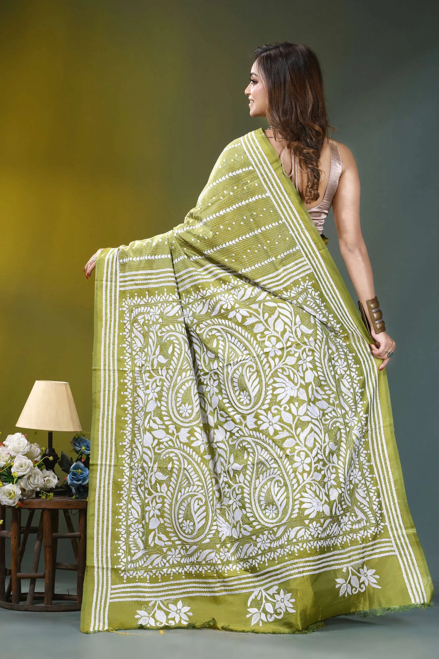 Olive green paisley floral hand embroidered silk kantha saree vibrant lime green saree intricate 5