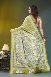 Olive green paisley floral hand embroidered silk kantha saree vibrant lime green saree intricate 5