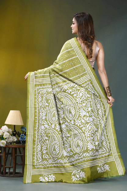 Olive green paisley floral hand embroidered silk kantha saree vibrant lime green saree intricate 5