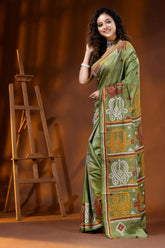 Olive green silk gujarati stitch saree with handcrafted multicolor motif 3