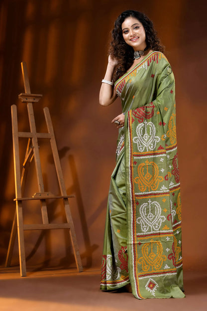 Olive green silk gujarati stitch saree with handcrafted multicolor motif 3