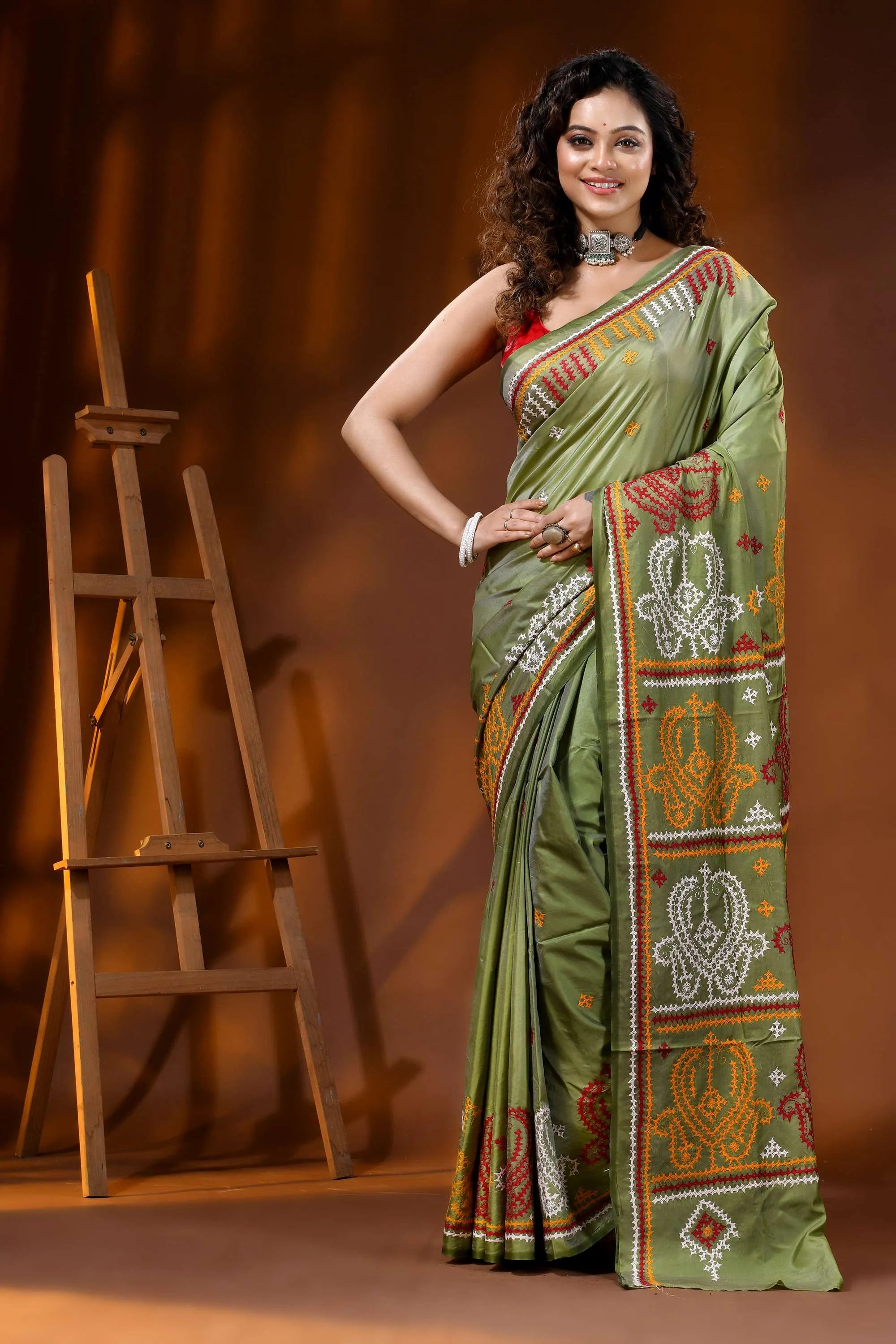 Olive green silk gujarati stitch saree with handcrafted multicolor motif 1