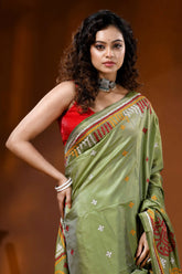 Olive green silk gujarati stitch saree with handcrafted multicolor motif 2