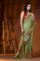Olive green silk gujarati stitch saree with handcrafted multicolor motif 4
