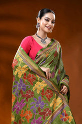 Olive green silk kantha stitch saree with multicolor floral motif 2