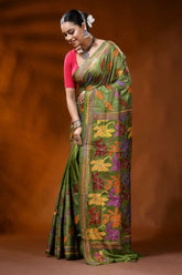 Olive green silk kantha stitch saree with multicolor floral motif 3