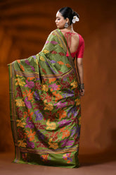 Olive green silk kantha stitch saree with multicolor floral motif 4