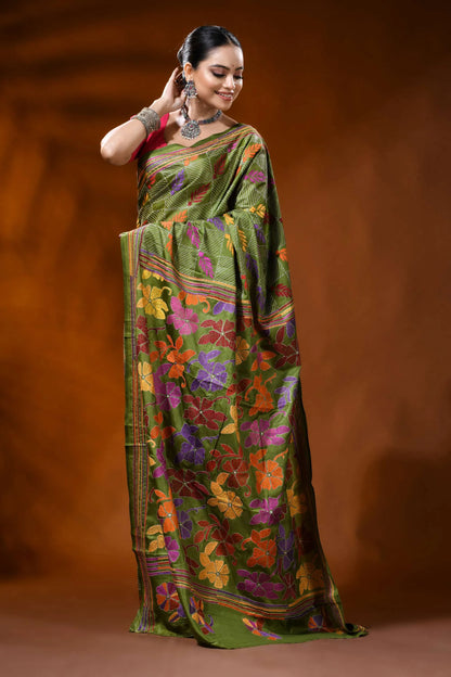 Olive green silk kantha stitch saree with multicolor floral motif 7