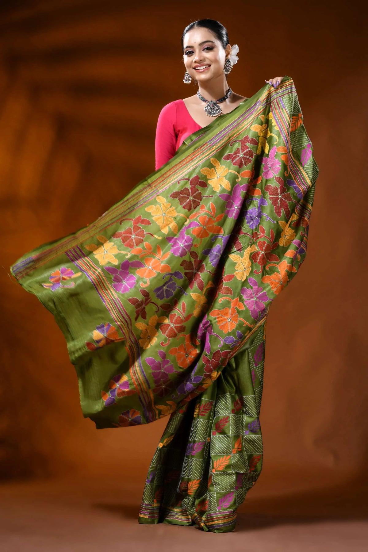 Olive green silk kantha stitch saree with multicolor floral motif 5